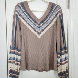 Free People Boho Textured V Neck Striped Sleeve Thermal Top Women Size Small